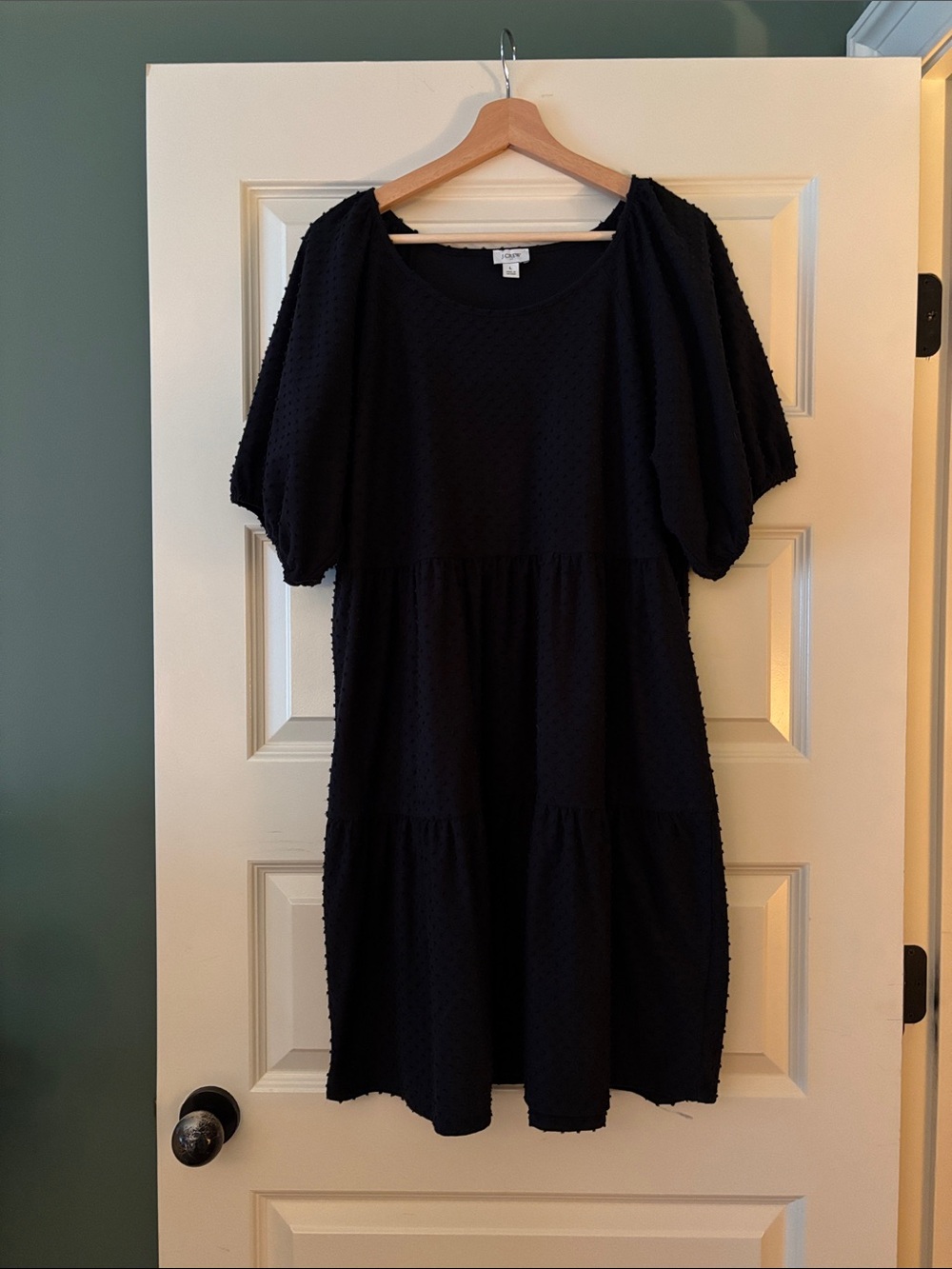 J. Crew Black Textured Tiered Midi Dress with Puff Sleeves